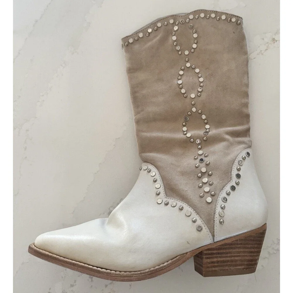 Free People Jaxon Studded Western Cowboy Boots Cream Excellent 38.5 8